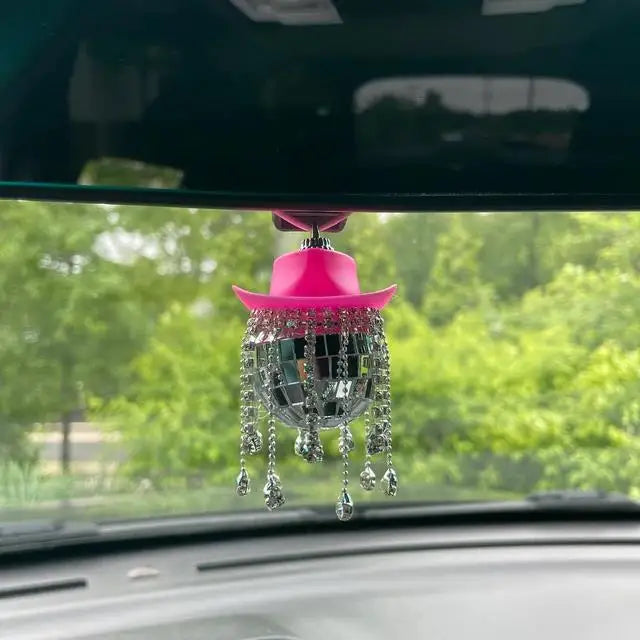 Fringe Rhinestone Pink Cowgirl Disco Ball Car Hanging Rear View Mirror Accessory Cowboy Trendy Cute Charms Christmas Ornaments