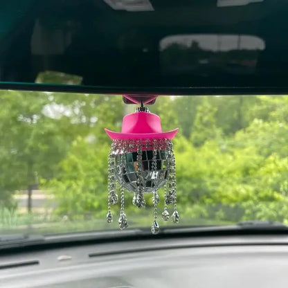 Fringe Rhinestone Pink Cowgirl Disco Ball Car Hanging Rear View Mirror Accessory Cowboy Trendy Cute Charms Christmas Ornaments