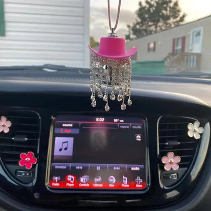 Fringe Rhinestone Pink Cowgirl Disco Ball Car Hanging Rear View Mirror Accessory Cowboy Trendy Cute Charms Christmas Ornaments