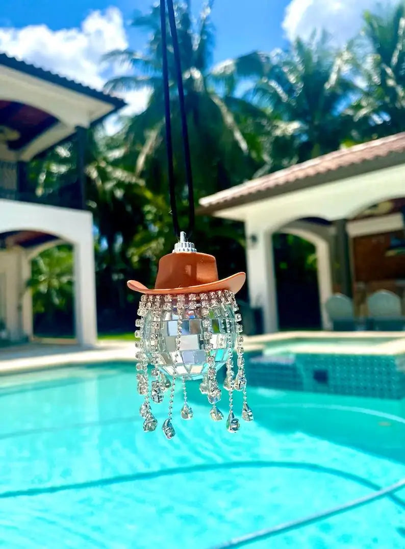 Fringe Rhinestone Pink Cowgirl Disco Ball Car Hanging Rear View Mirror Accessory Cowboy Trendy Cute Charms Christmas Ornaments