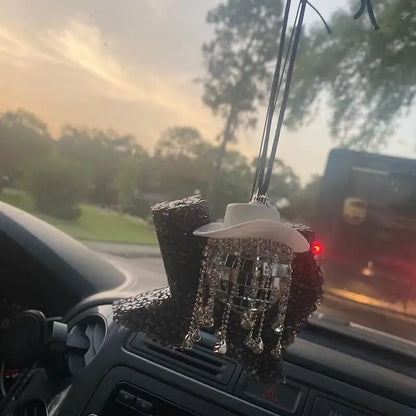 Fringe Rhinestone Pink Cowgirl Disco Ball Car Hanging Rear View Mirror Accessory Cowboy Trendy Cute Charms Christmas Ornaments