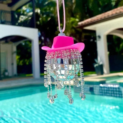 Fringe Rhinestone Pink Cowgirl Disco Ball Car Hanging Rear View Mirror Accessory Cowboy Trendy Cute Charms Christmas Ornaments