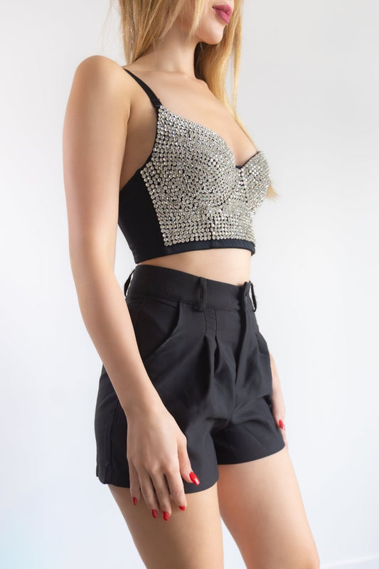 Evening Glow top: black sequined camisole with thin straps and underbust cutout