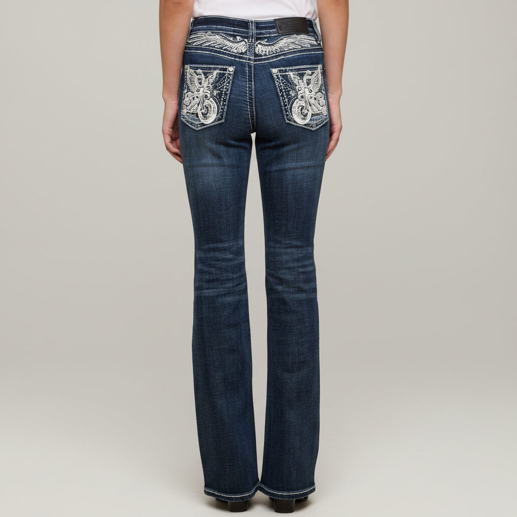 Women's dark wash bootcut jeans with high waist and embellished western back pocket embroidery