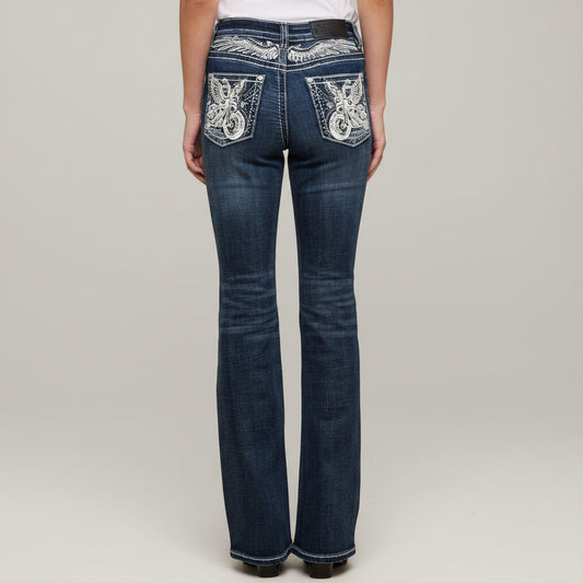 Women's dark wash bootcut jeans with high waist and embellished western back pocket embroidery