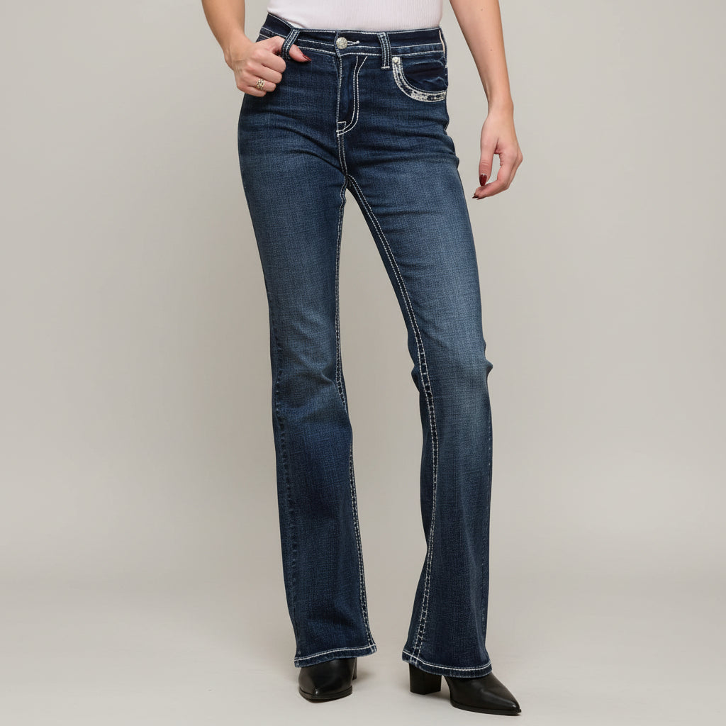 Women's dark wash bootcut jeans with high waist, stitched seams, and embellished back pocket