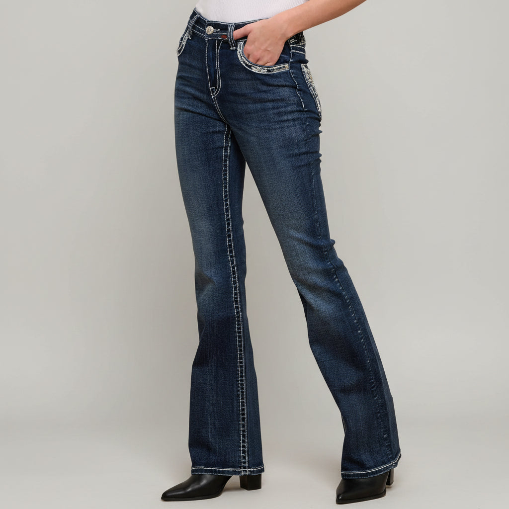 Women's dark wash bootcut jeans with high waist, contrast topstitching, and embellished pocket