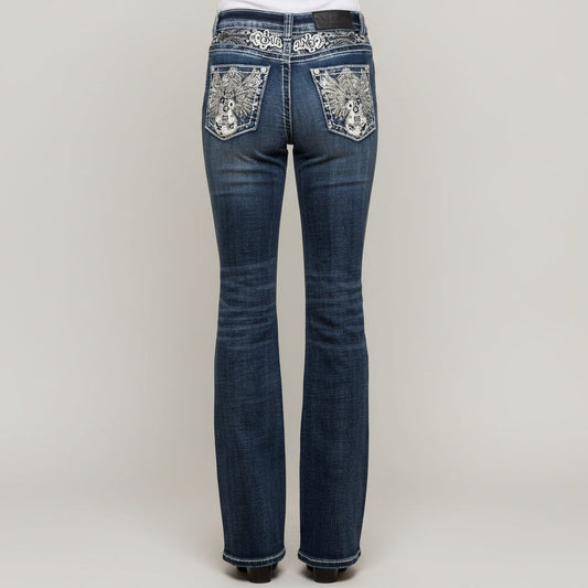 Dark wash high-waisted bootcut jeans with rhinestone guitar and music-note pocket details