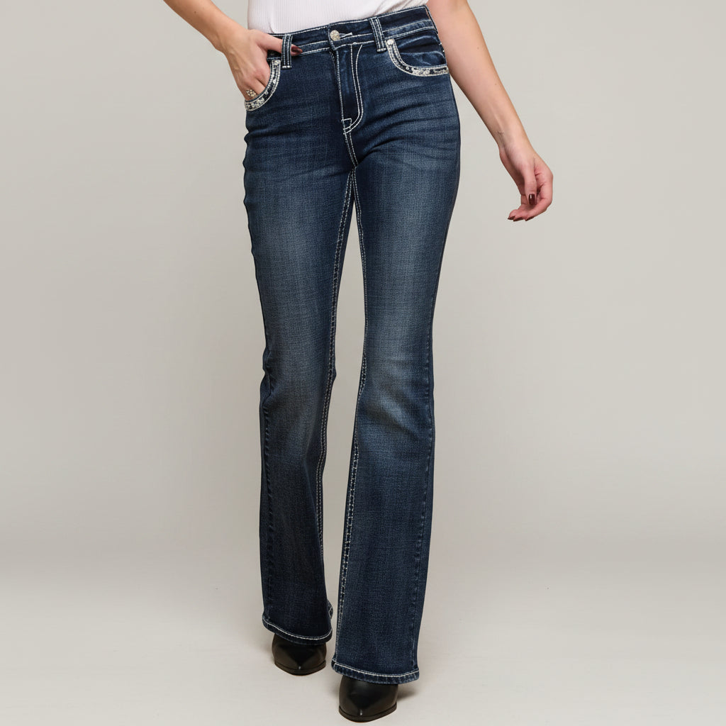 Dark wash high-waisted bootcut jeans with rhinestone embellished front pocket details