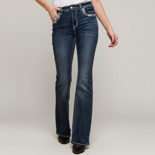 Dark wash high-waisted bootcut jeans with rhinestone embellished front pocket details