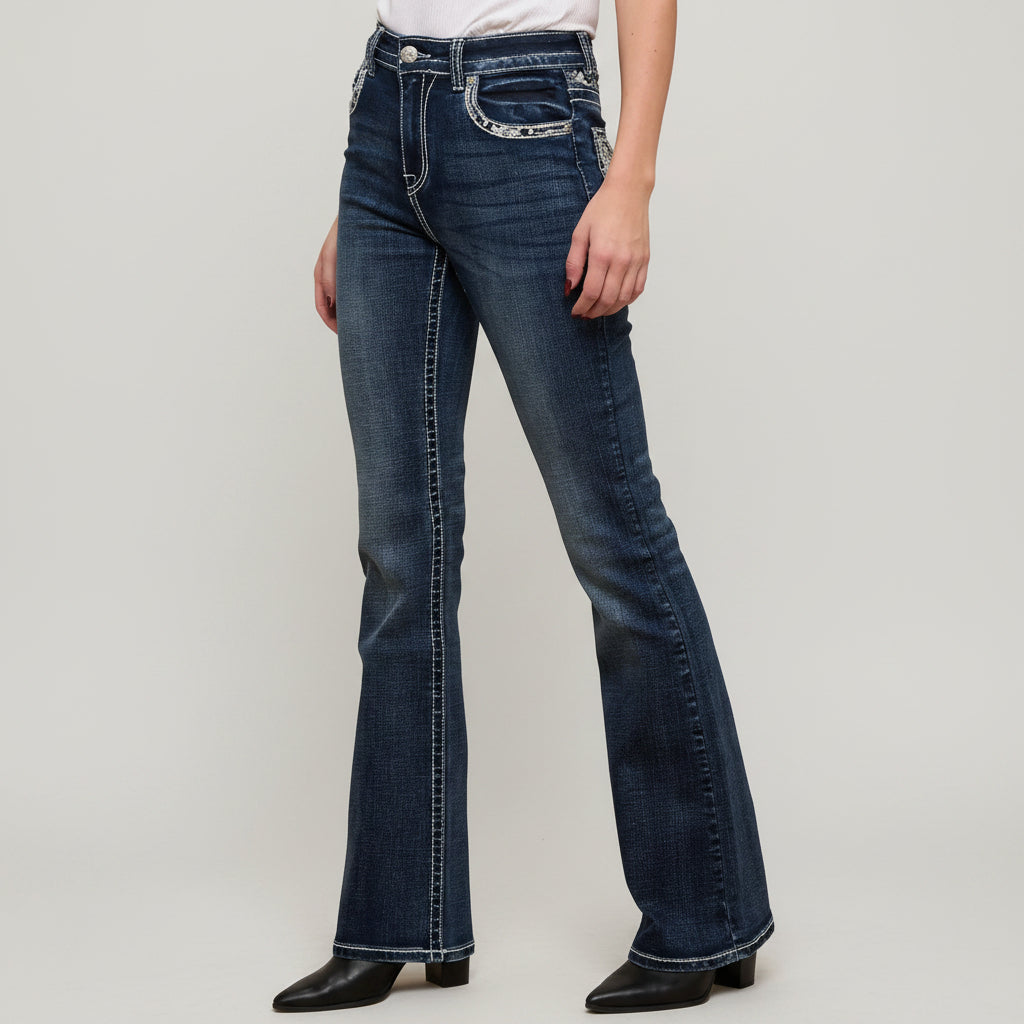 Dark wash bootcut jeans with embellished back pocket and rhinestone guitar motif