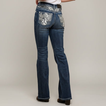 Dark wash high-waisted bootcut jeans with rhinestone guitar pocket artwork