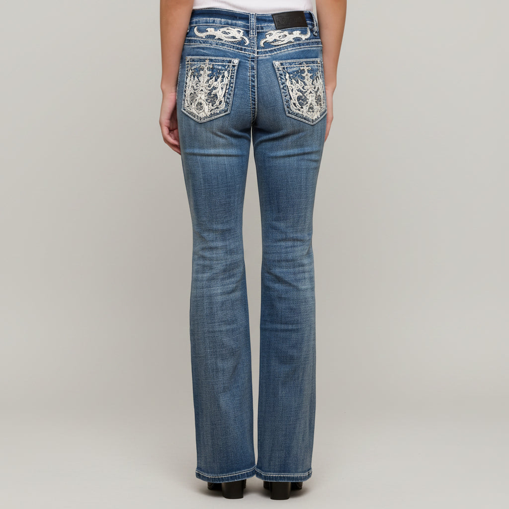 Women’s blue bootcut jeans with high waist and embroidered front pockets with bling