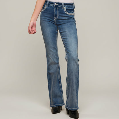 Women’s blue bootcut jeans with high waist, curved yoke, and contrast stitching