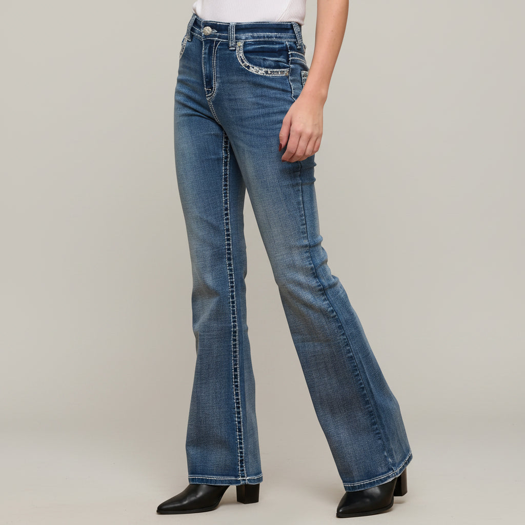 Women’s blue bootcut jeans with high waist and flared straight-leg fit