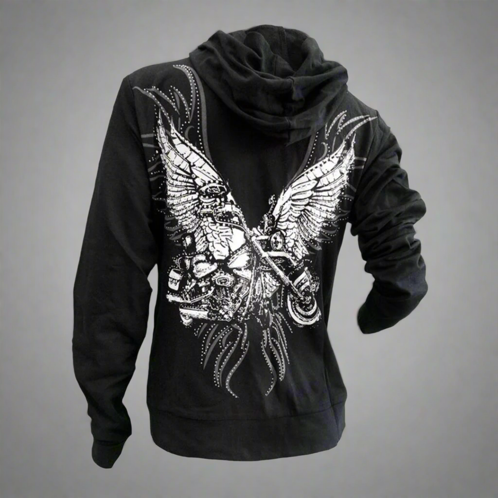 Black rhinestone wing motorcycle zip hoodie with hood, angled side view