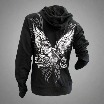 Black rhinestone wing motorcycle zip hoodie with hood, angled side view