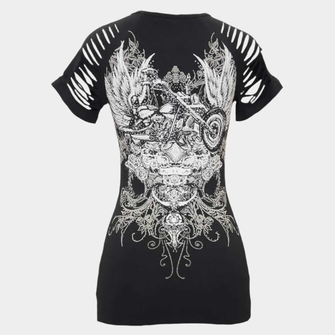 Women's black short-sleeve top with large silver skull and wings graphic, back view