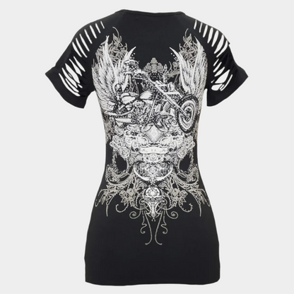 Women's black short-sleeve top with large silver skull and wings graphic, back view
