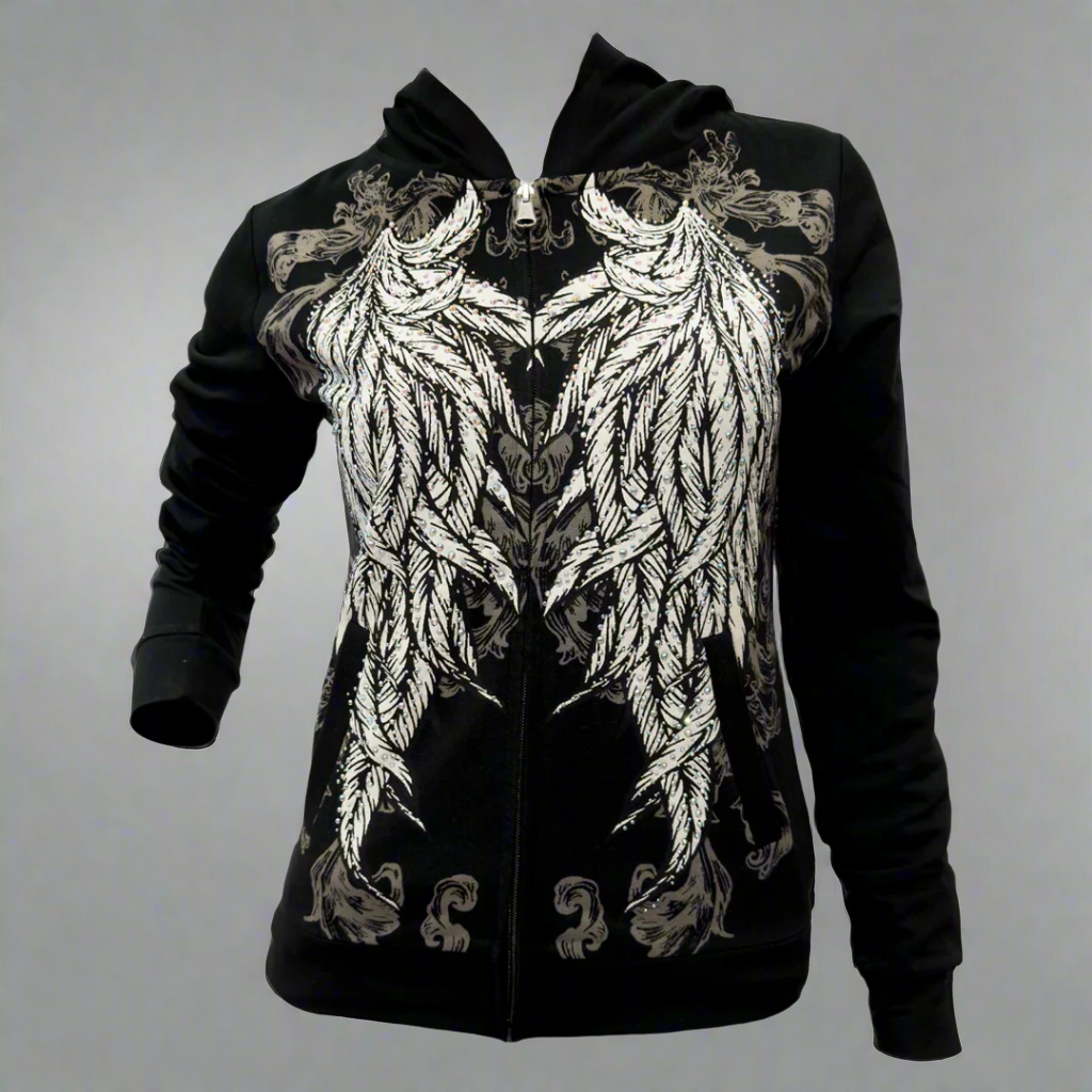 Women's Rhinestone Angel Wing Hoodie Black
