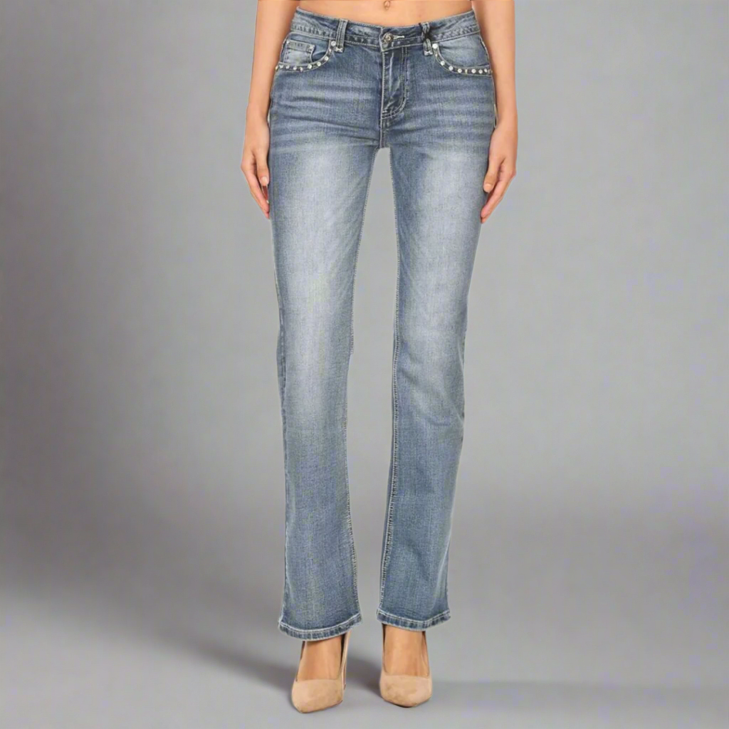 Platinum Plush women's bootcut jeans in blue wash, belt loops and zip fly