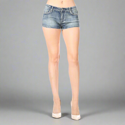 Women's blue denim shorts with rhinestone wing pocket detail and short inseam