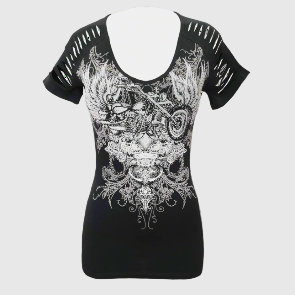 Women's black short-sleeve top with silver skull and wings graphic