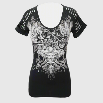 Women's black short-sleeve top with silver skull and wings graphic