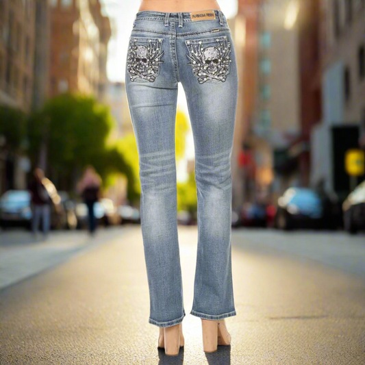 Platinum Plush Women's Rhinestone Skull & Bones Bootcut Jeans Blue Denim