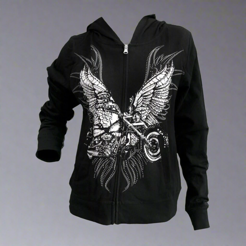 Black rhinestone wing motorcycle zip hoodie for women, full front graphic