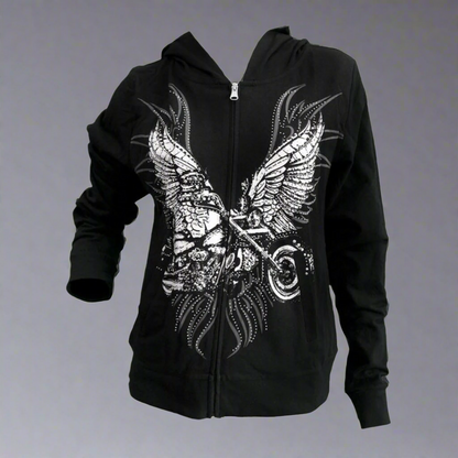 Black rhinestone wing motorcycle zip hoodie for women, full front graphic
