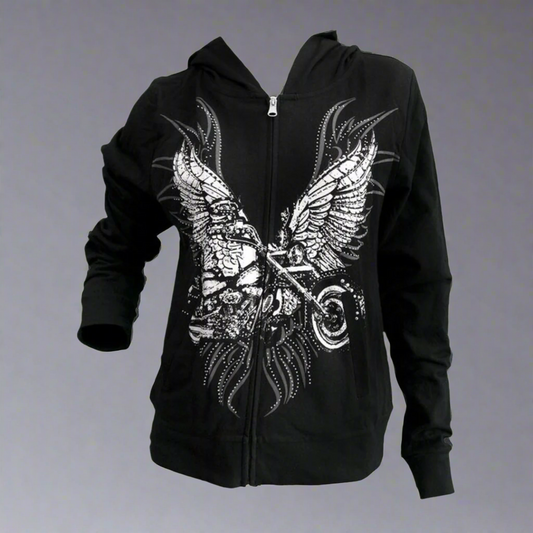 Women's Rhinestone Motorcycle Wing Hoodie Black