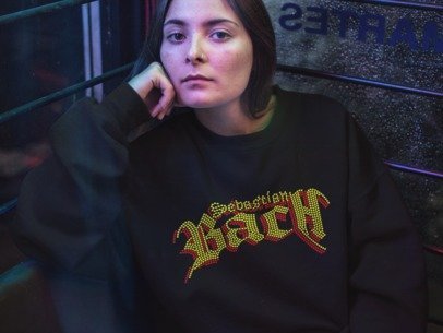 Bach 80s Glam Rock Rhinestone Apparel – Sparkly Band Style Hoodie, T-Shirt & Crewneck | Premium Rhinestone by Blingdazzel Crew Neck Sweater Black