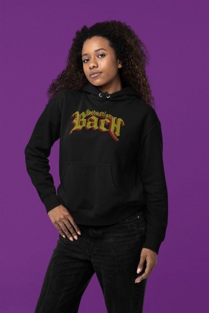 Bach 80s Glam Rock Rhinestone Apparel – Sparkly Band Style Hoodie, T-Shirt & Crewneck | Premium Rhinestone by Blingdazzel Hoodie Black
