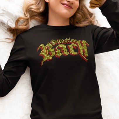 Bach 80s Glam Rock Rhinestone Apparel – Sparkly Band Style Hoodie, T-Shirt & Crewneck | Premium Rhinestone by Blingdazzel Long Sleeve T-shirt Black