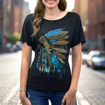Scoop Neck Tee with Rhinestone-Embellished Headdress Design Black