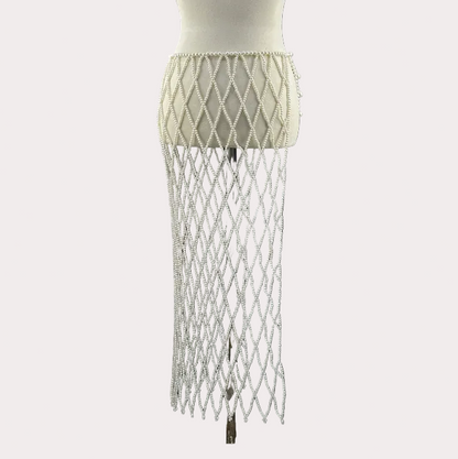 Midi pearl mesh skirt with diamond lattice texture and beaded tassel fringe