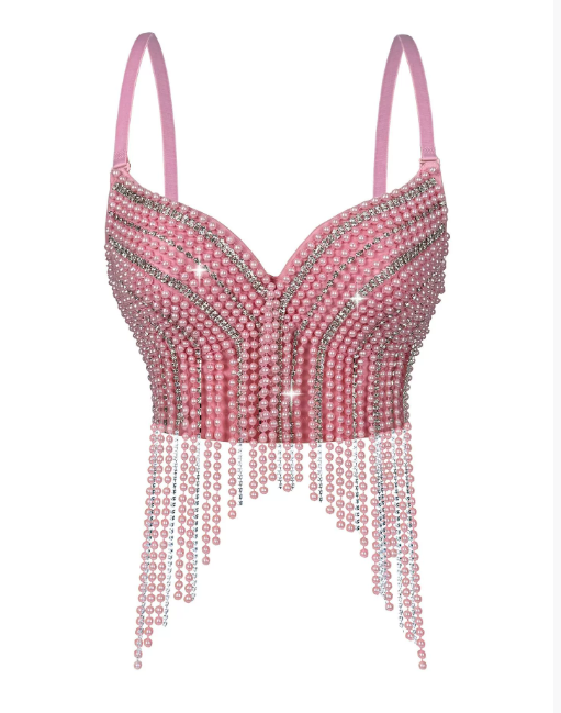 Pearl Diamond Chain Bra Top – Rhinestone Heart Neckline Lingerie Pink