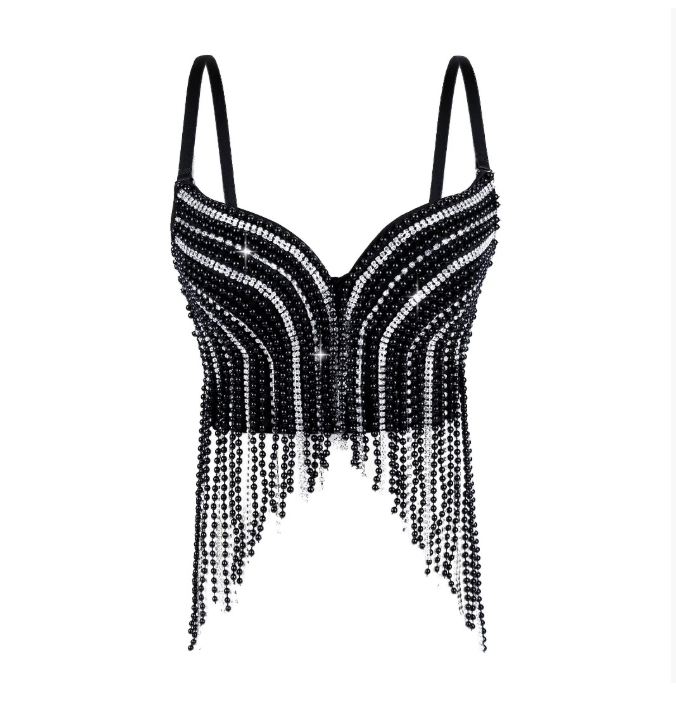 Pearl Diamond Chain Bra Top – Rhinestone Heart Neckline Lingerie Black