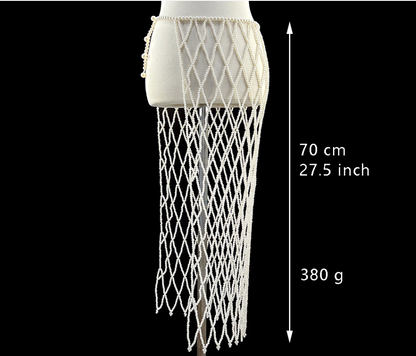Midi pearl mesh skirt with diamond lattice pattern and beaded waistband trim