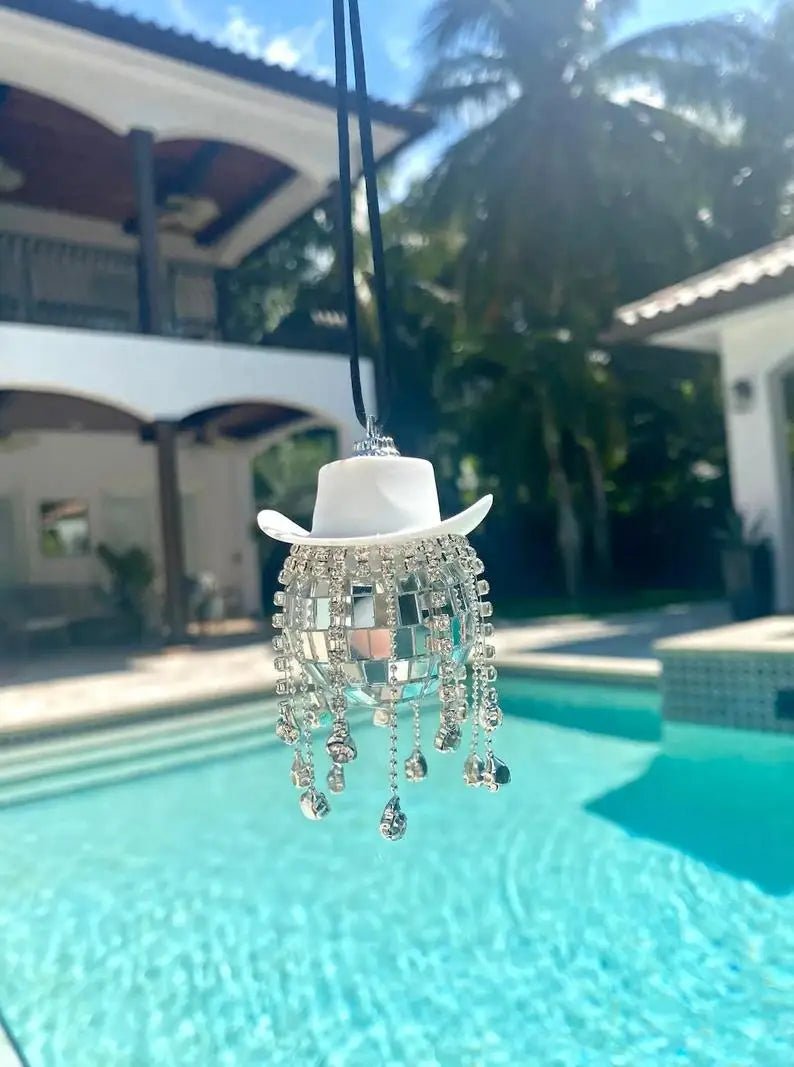 Fringe Rhinestone Pink Cowgirl Disco Ball Car Hanging Rear View Mirror Accessory Cowboy Trendy Cute Charms Christmas Ornaments