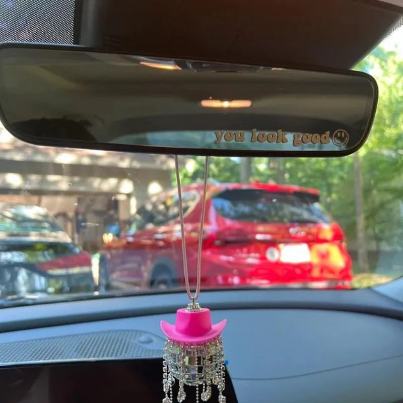 Fringe Rhinestone Pink Cowgirl Disco Ball Car Hanging Rear View Mirror Accessory Cowboy Trendy Cute Charms Christmas Ornaments