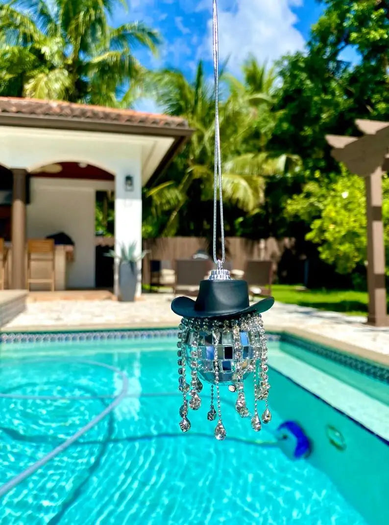 Fringe Rhinestone Pink Cowgirl Disco Ball Car Hanging Rear View Mirror Accessory Cowboy Trendy Cute Charms Christmas Ornaments