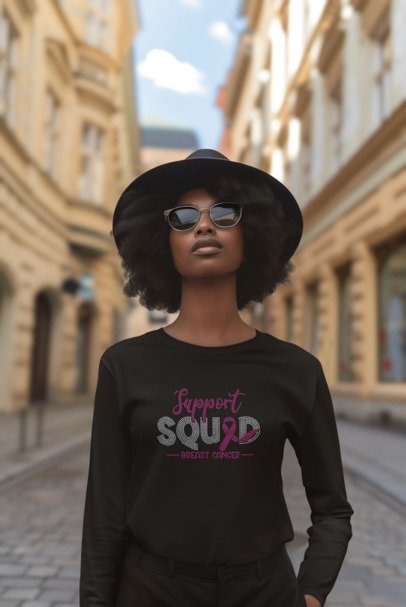 Black long-sleeve shirt with glittery pink ribbon SQUAD logo
