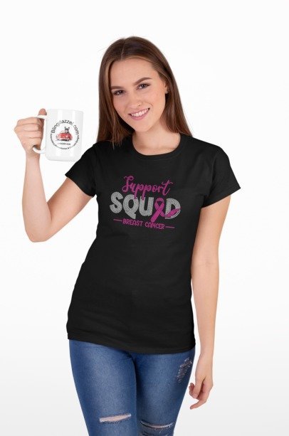 Black short-sleeve T-shirt with glittery pink ribbon SQUAD logo