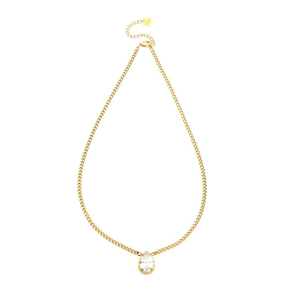Teardrop crystal pendant on gold-tone link chain necklace, full length.