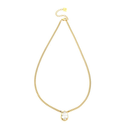 Teardrop crystal pendant on gold-tone link chain necklace, full length.