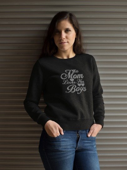 Black long-sleeve rhinestone shirt with 'Mom Loves Her Boys' front script