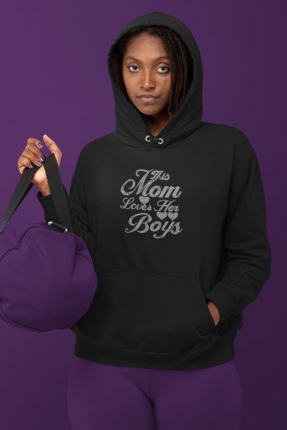 Black hoodie with 'Mom Loves Her Boys' rhinestone script front