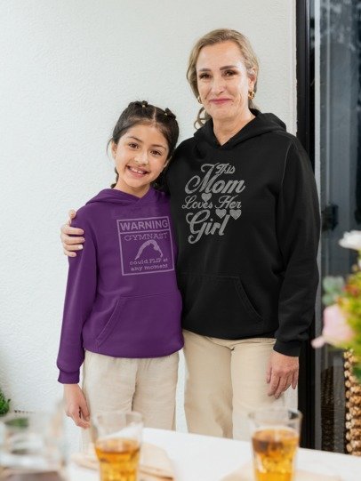 Black rhinestone graphic hoodie with 'This Mom Loves Her Girl' front text